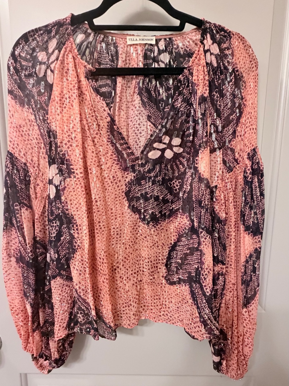 Ulla Johnson Pink and Navy Printed Peasant Blouse